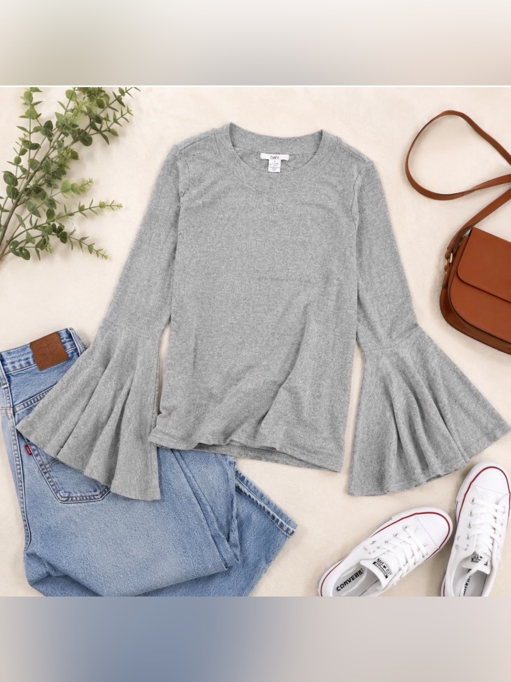 Bar III Gray Bell Sleeve Top Women’s Medium Stretch Knit Boho